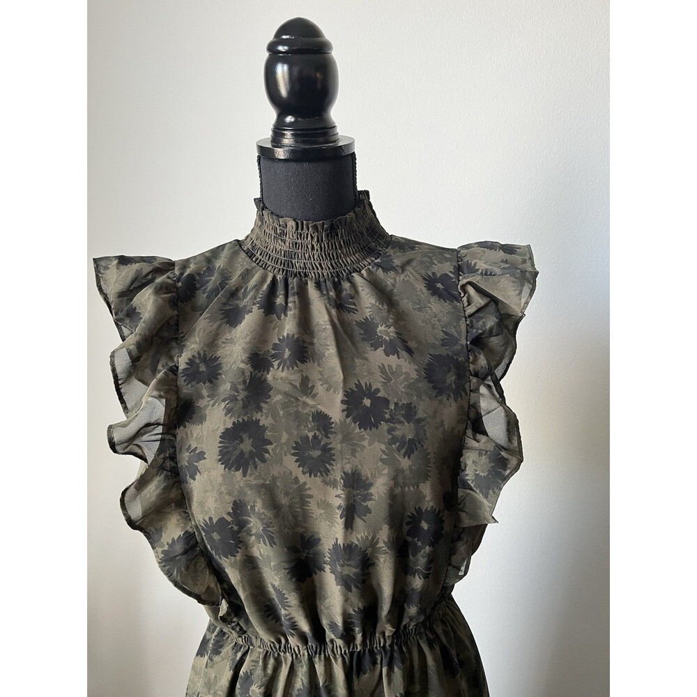 Steve‎ Madden Boho Floral Maxi Dress Olive Green Smocked Neck Garden Party  Sz L - Picture 3 of 12